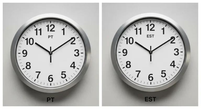Analog clocks showing 1:00 PM and 4:00 PM for PT and EST.