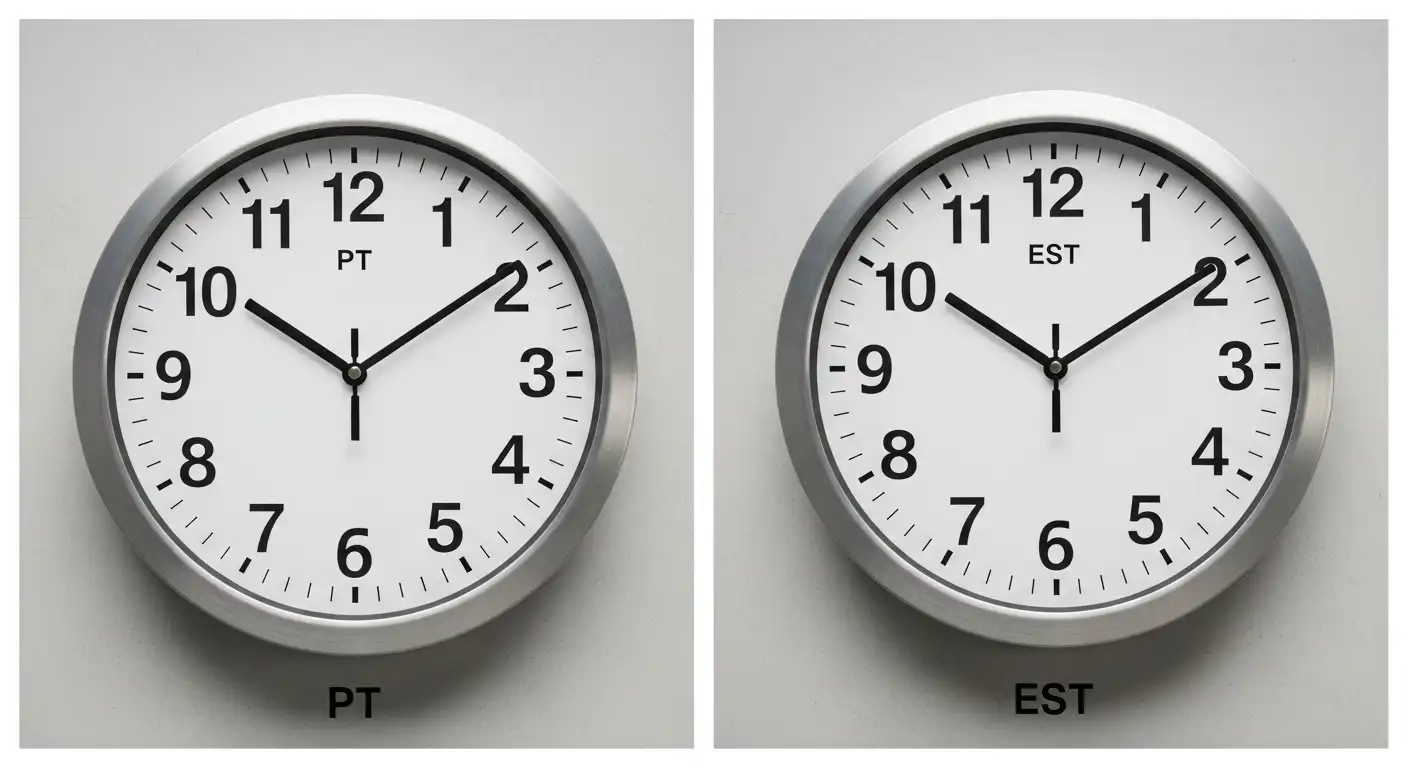 Analog clocks showing 1:00 PM and 4:00 PM for PT and EST.