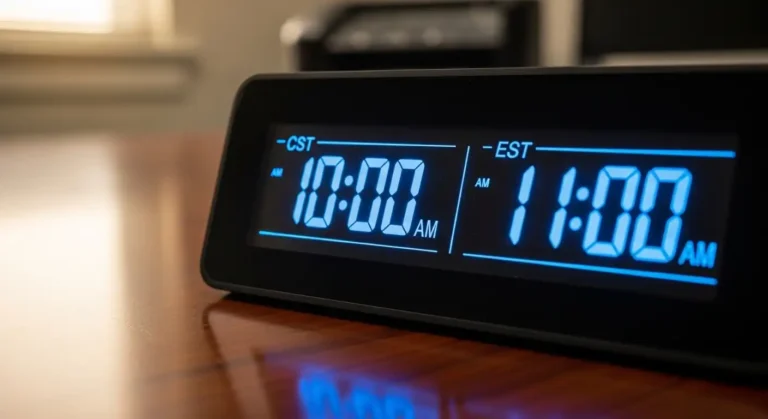 Digital clock showing 10:00 AM Central Standard Time next to 11:00 AM Eastern Standard Time.