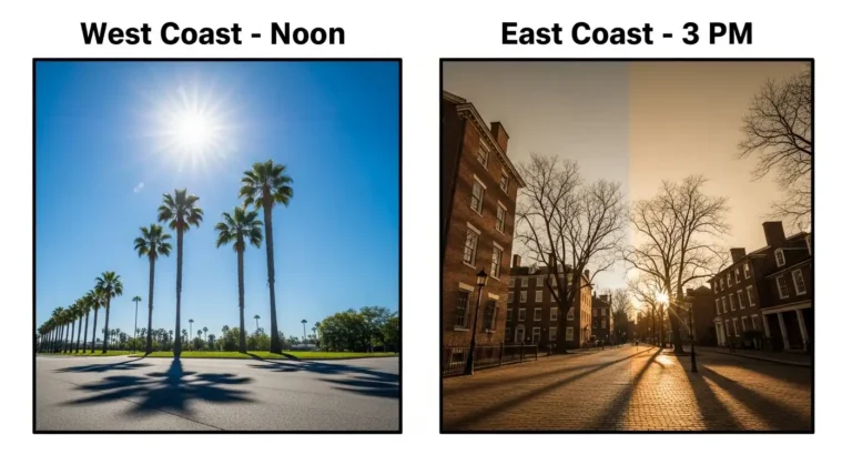 Comparison chart showing noon on the West Coast vs 3 PM on the East Coast.