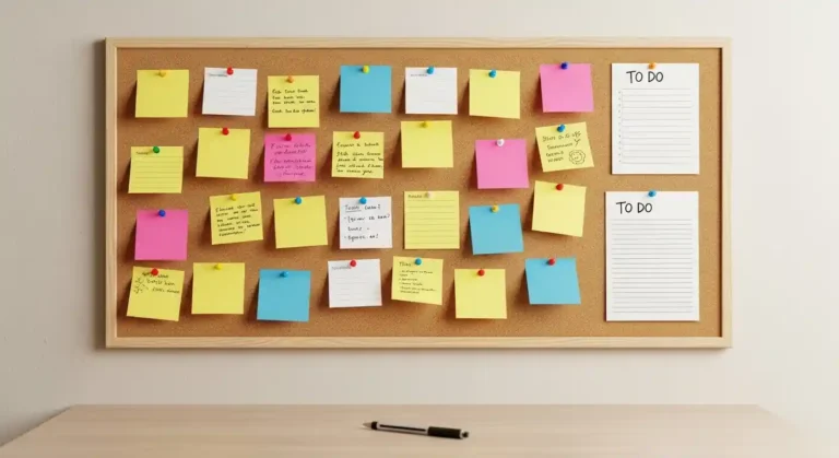 12.8 x 7.2 cork board mounted above a small desk with sticky notes and to-do cards pinned to it