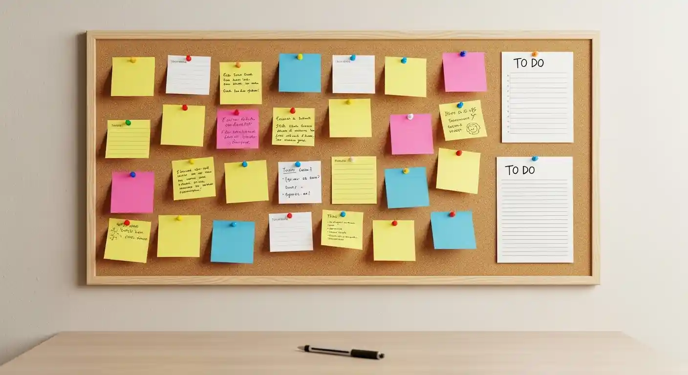 12.8 x 7.2 cork board mounted above a small desk with sticky notes and to-do cards pinned to it