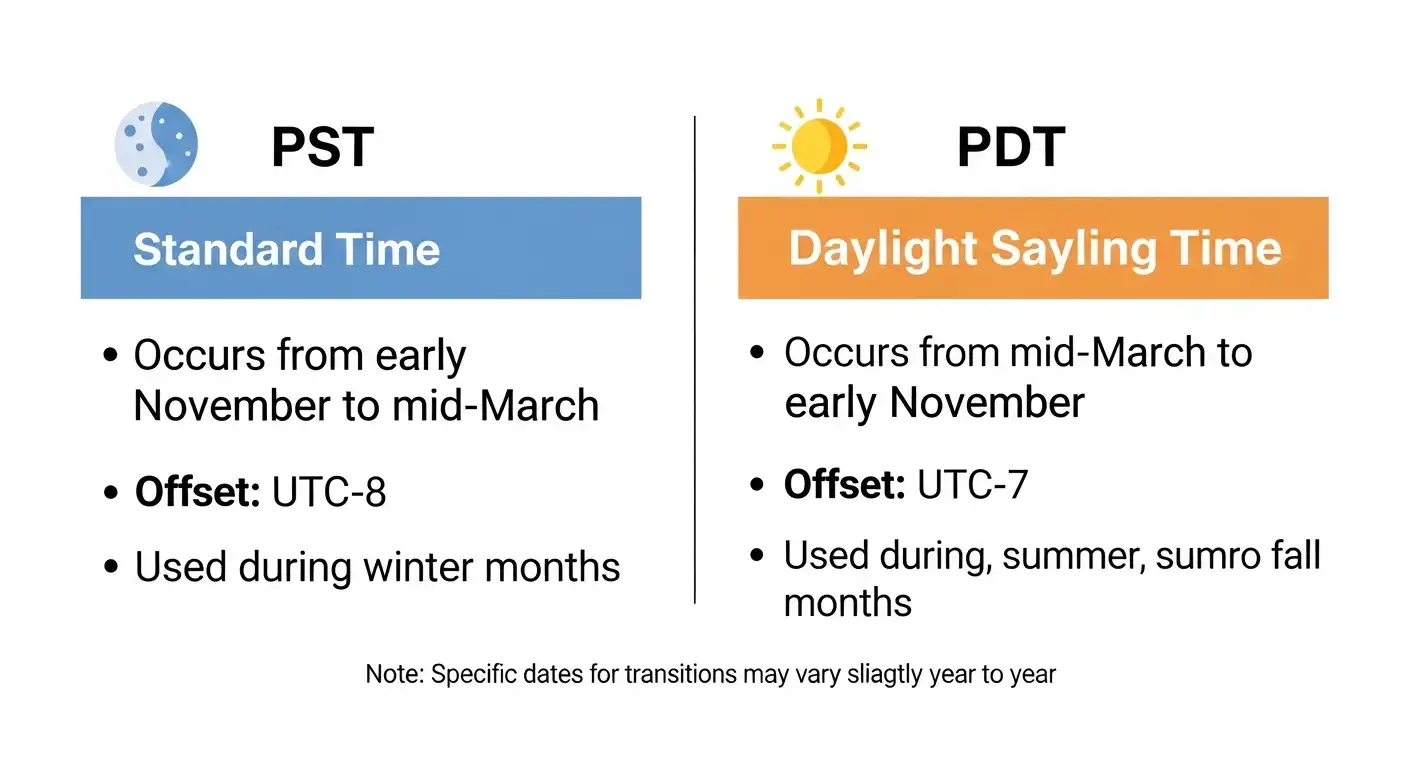 Comparison chart of Pacific Standard Time and Pacific Daylight Time.