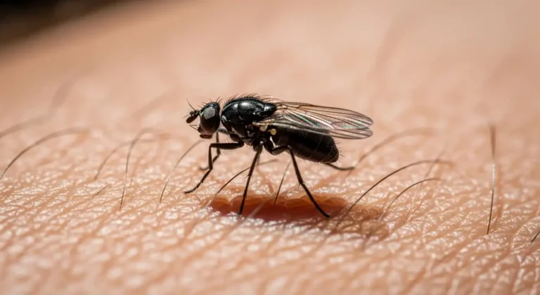 Close-up of a tiny black fly on human skin.