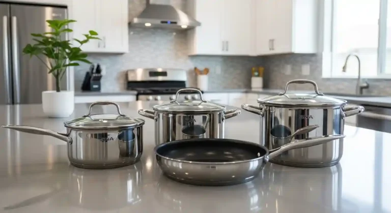 SNA kitchenware cookware set displayed on a modern kitchen countertop