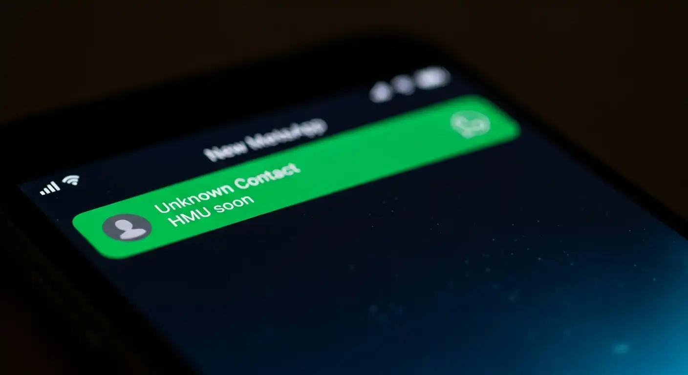 Smartphone screen showing a WhatsApp notification with the text HMU soon. no man image