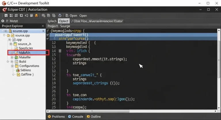 Eclipse CDT interface showing code editor and project explorer