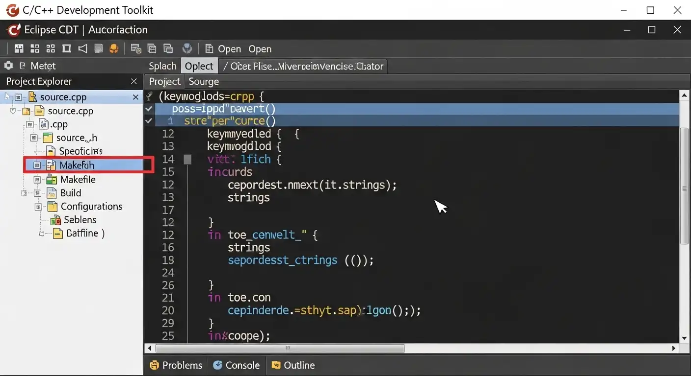 Eclipse CDT interface showing code editor and project explorer