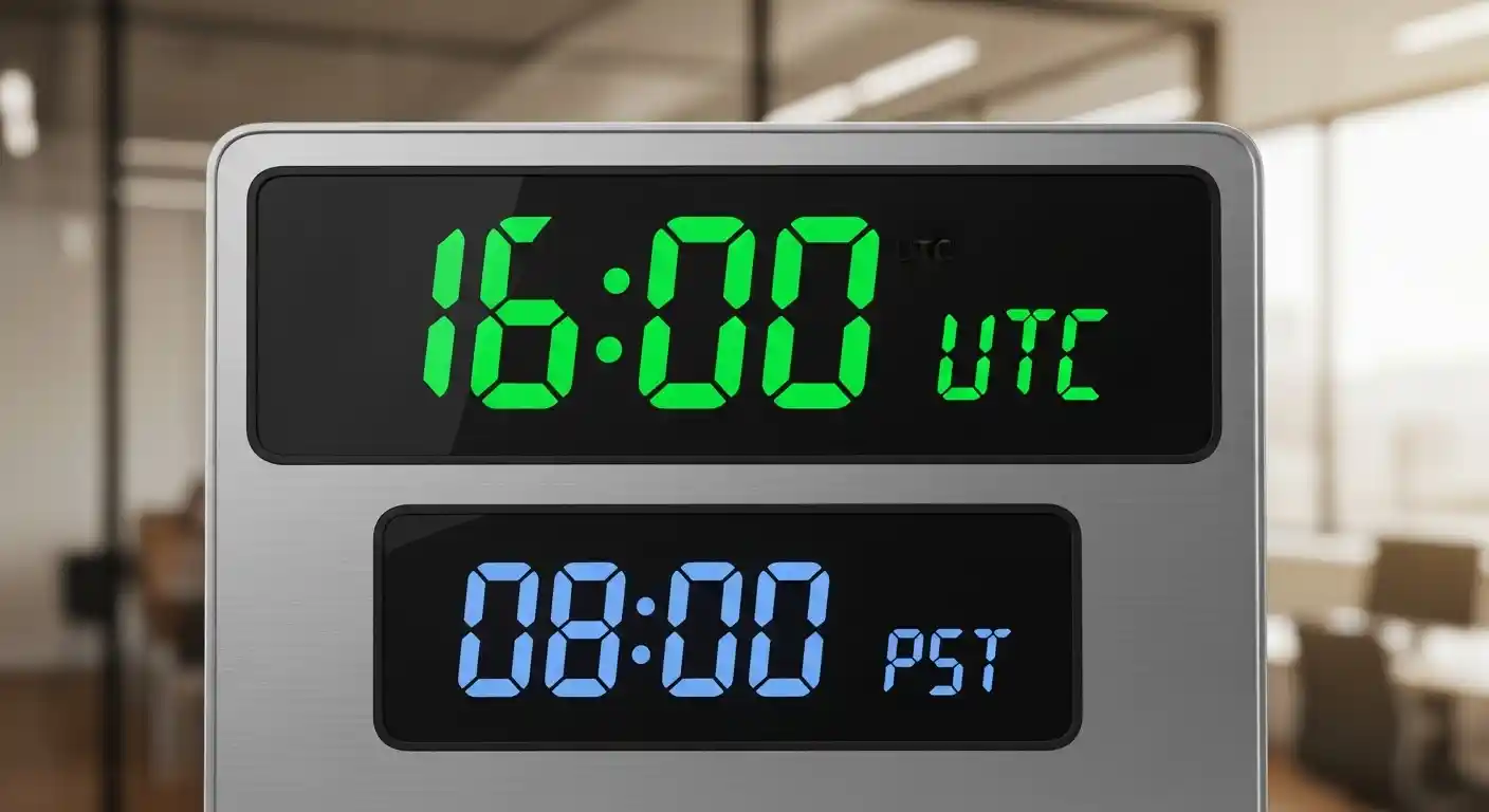 Digital clock showing the 8-hour difference between UTC and PST.