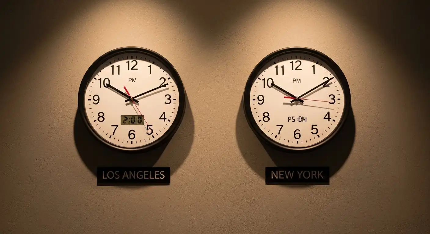 Analog clocks showing a three-hour time difference between Los Angeles and New York.