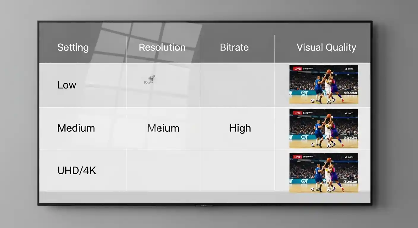 Comparison table showing different sports streaming quality settings.